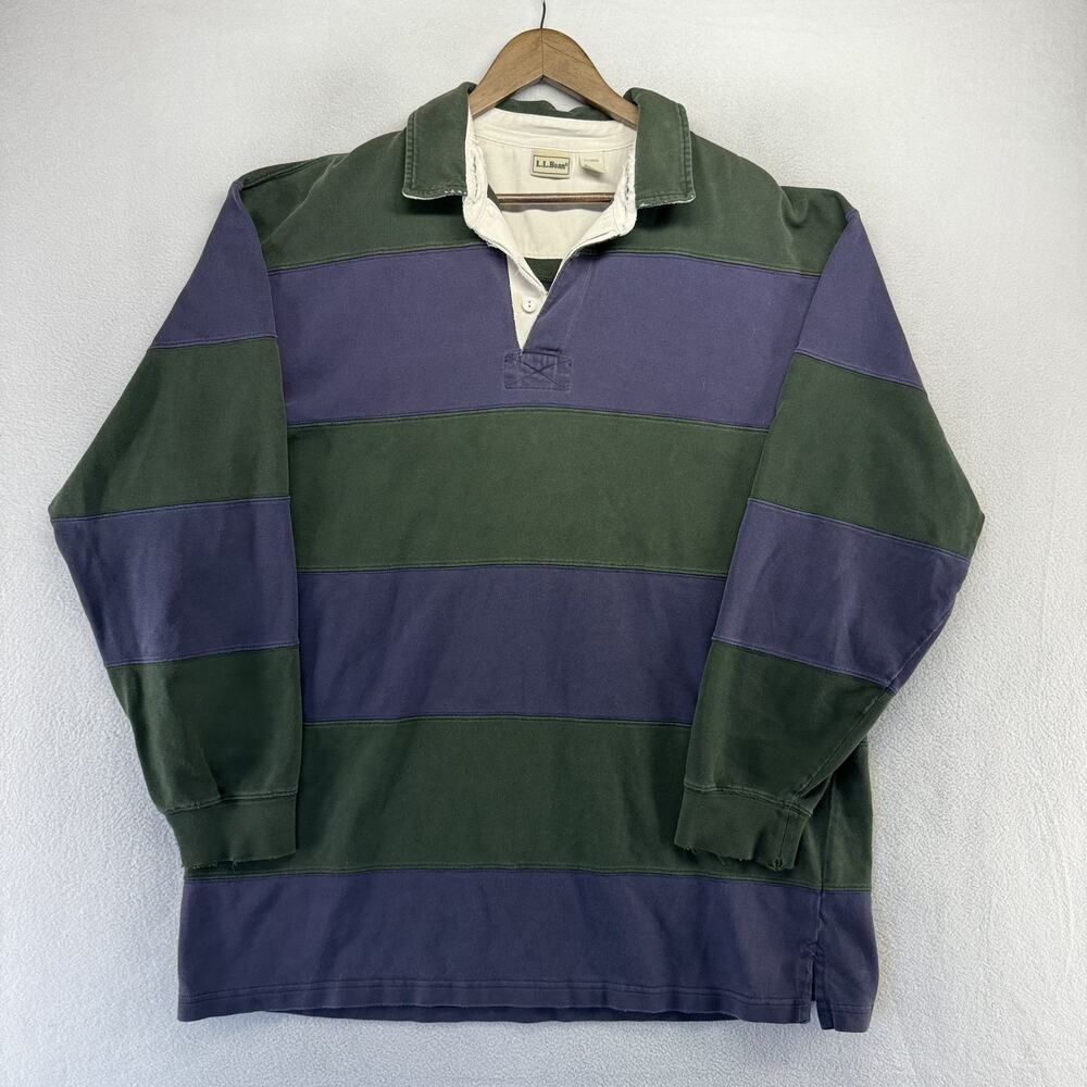 Vintage LL Bean Rugby Shirt men's XL Blue Green Colorblock Thick Distressed y2k - Picture 1 of 10